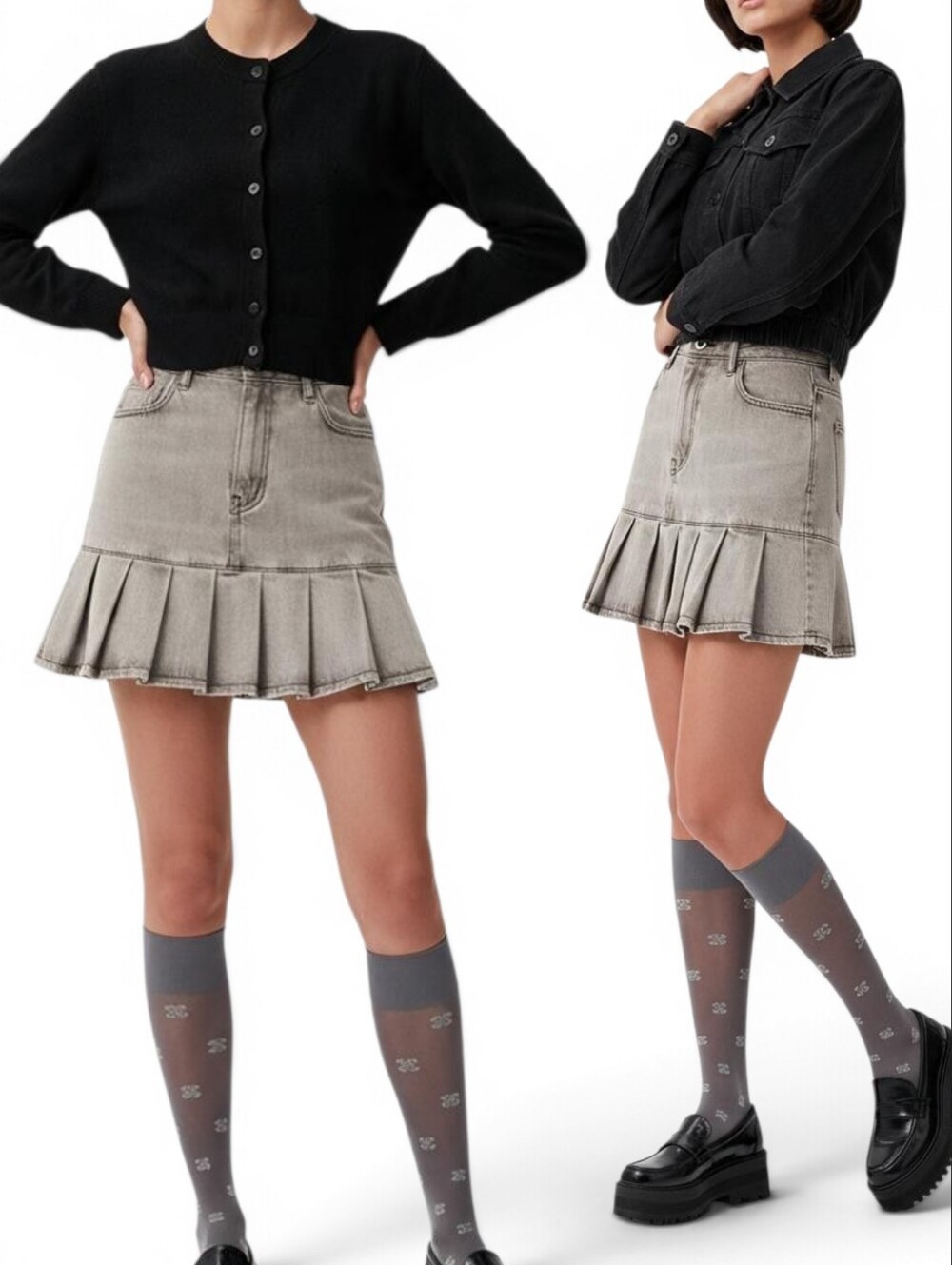 GANNI Future Denim Pleated Mini Skirt Pleated Hem Denim Mini Skirt Grey EU 40